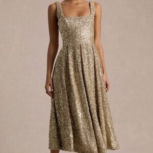 Club L London Gold Sequin Midi Dress with Square Neckline
